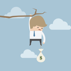 Businessman with money bag hanging on a branch