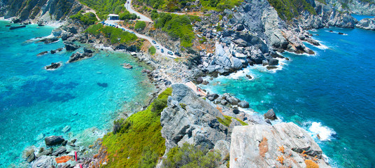 Panoramic foto of a beach at Skopelos - obrazy, fototapety, plakaty