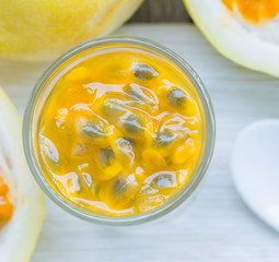 Passion fruit juice close up