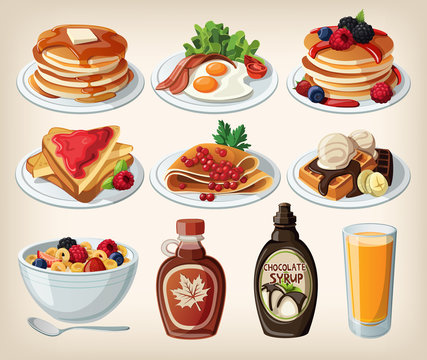Fototapeta Classic breakfast cartoon set with pancakes, cereal, toasts and