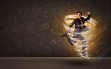 Happy businessman jumping in tornado concept