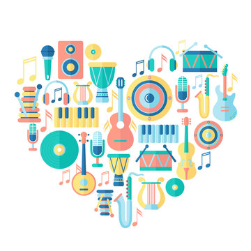 Silhouette heart with musical instruments