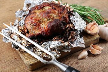 Delicious grilled meat on table