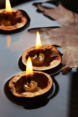 Leaves and three nutshells with candles floating in water