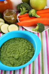 Fresh baby food in bowl with spoon
