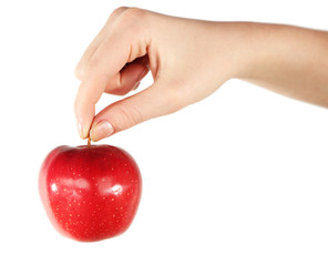 Woman holding red apple, isolated on white background