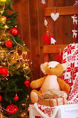 Decorated Christmas living room  on wooden wall background