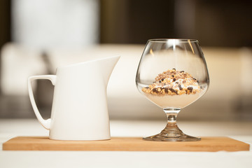 Dessert in glass with sauce