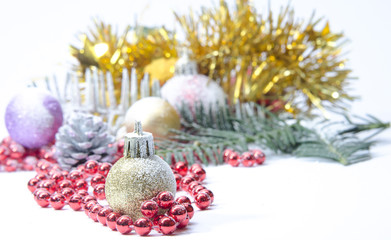 Christmas evergreen spruce tree, glass ball and snow