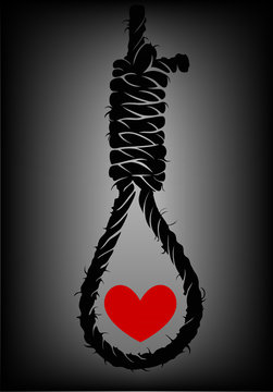 Old rope with hangman's noose and heart
