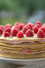 Pancake cake with raspberries