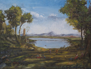 olio su tela di un paesaggio rurale
