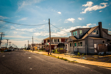 Damaged house along a street in Point Pleasant Beach, New Jersey