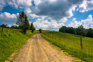 Fototapeta na wymiar Farm fields along a dirt road in the rural Potomac Highlands of