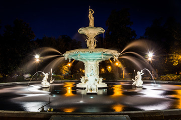 Fountain at Forsyth Park at night, in Savannah, Georgia.