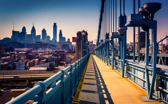 The Ben Franklin Bridge Walkway And Skyline, In Philadelphia, Pe