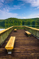 Obraz premium Benches on a small pier at Lake Oolenoy, Table Rock State Park,