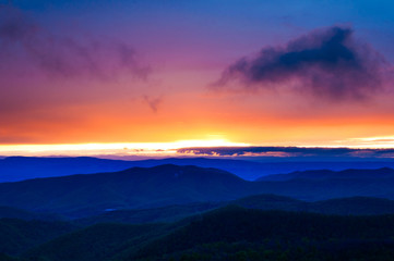 Colorful spring sunset over the Blue Ridge Mountains from Skylin