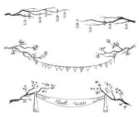 Doodle tree branches. Decorations. Vector