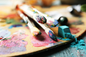Beautiful still life with professional art materials, close up