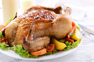 Delicious baked chicken on plate on table on light background
