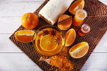 Spa accessories with bowl of bowl of essential oil