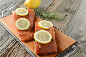 Salmon on a Cutting Board with Lemon, Salt and Pepper