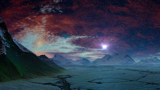 Sunrise stars (UFO) over the ice desert