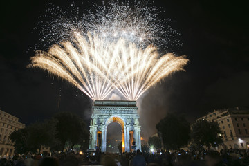Happy new year and merry xmas fireworks on triumph arc
