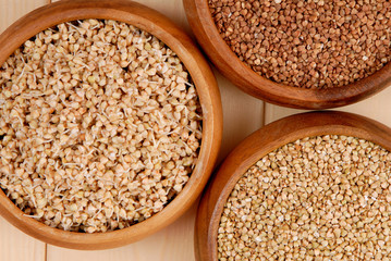 sprouted kernel of buckwheat, raw and  fried cereals