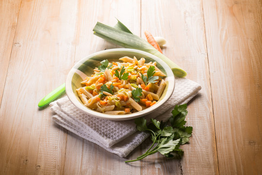 pasta with carrot leek and pine nuts