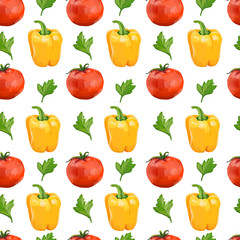 Seamless pattern with tomatoes, yellow pepper and parsley.