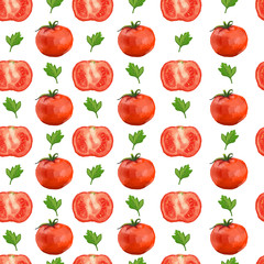 Seamless pattern with tomatoes and parsley. Vector.