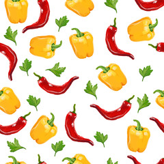 Seamless pattern with yellow pepper and hot pepper. Vector.