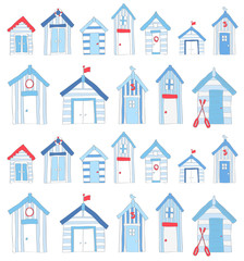 Hand Drawn Blue and Red Beach huts