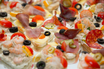 Different types of canapes on buffet table