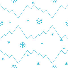 vector seamless pattern winter, mountains and snowflakes