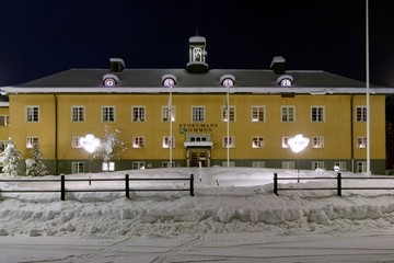 Fototapeta na wymiar Storuman municipality building in winter night, Sweden