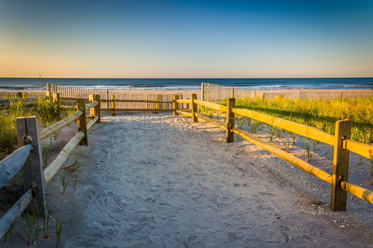 Path over sand dunes to the Atlantic Ocean at sunrise in Ventnor