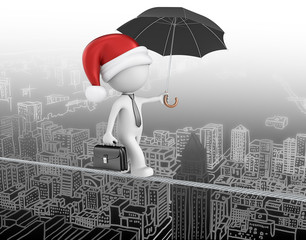 Business man with santa claus hat. On wire above cityscape.