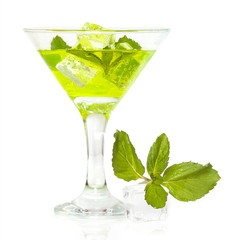Glass of mojito cocktail with ice on white background