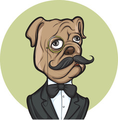 dog portrait with mustaches and monocle