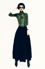 glamorous lady in fashionable blouse with snake print on white b