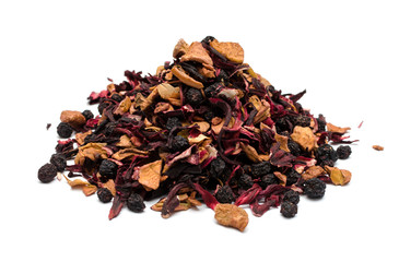 aromatic black dry tea with fruits and petals, isolated on white