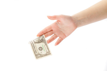 Hand holding american dollar isolated on a white background.