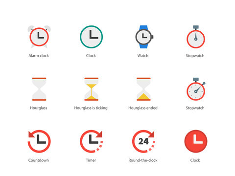 Time and Clock color icons on white background.