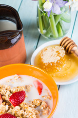 Morning with healthy breakfast and spring flowers