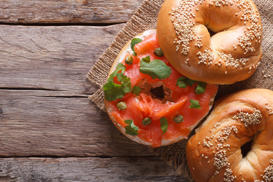 bagel with red fish and soft cheese top view horizontal