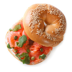 bagel with red fish and soft cheese isolated top view