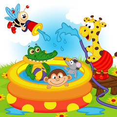 animals in inflatable pool - vector illustration, eps